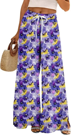 Wide Leg Pants Women 2025 Summer Floral Print Boho Palazzo Pants High Waist Lounge Trousers with Pockets