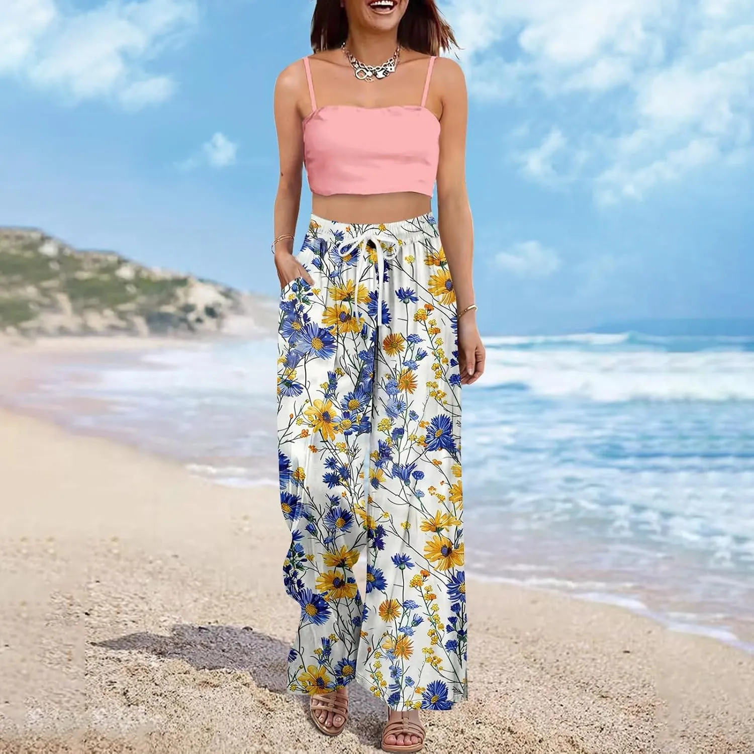 Wide Leg Pants Women 2025 Summer Floral Print Boho Palazzo Pants High Waist Lounge Trousers with Pockets