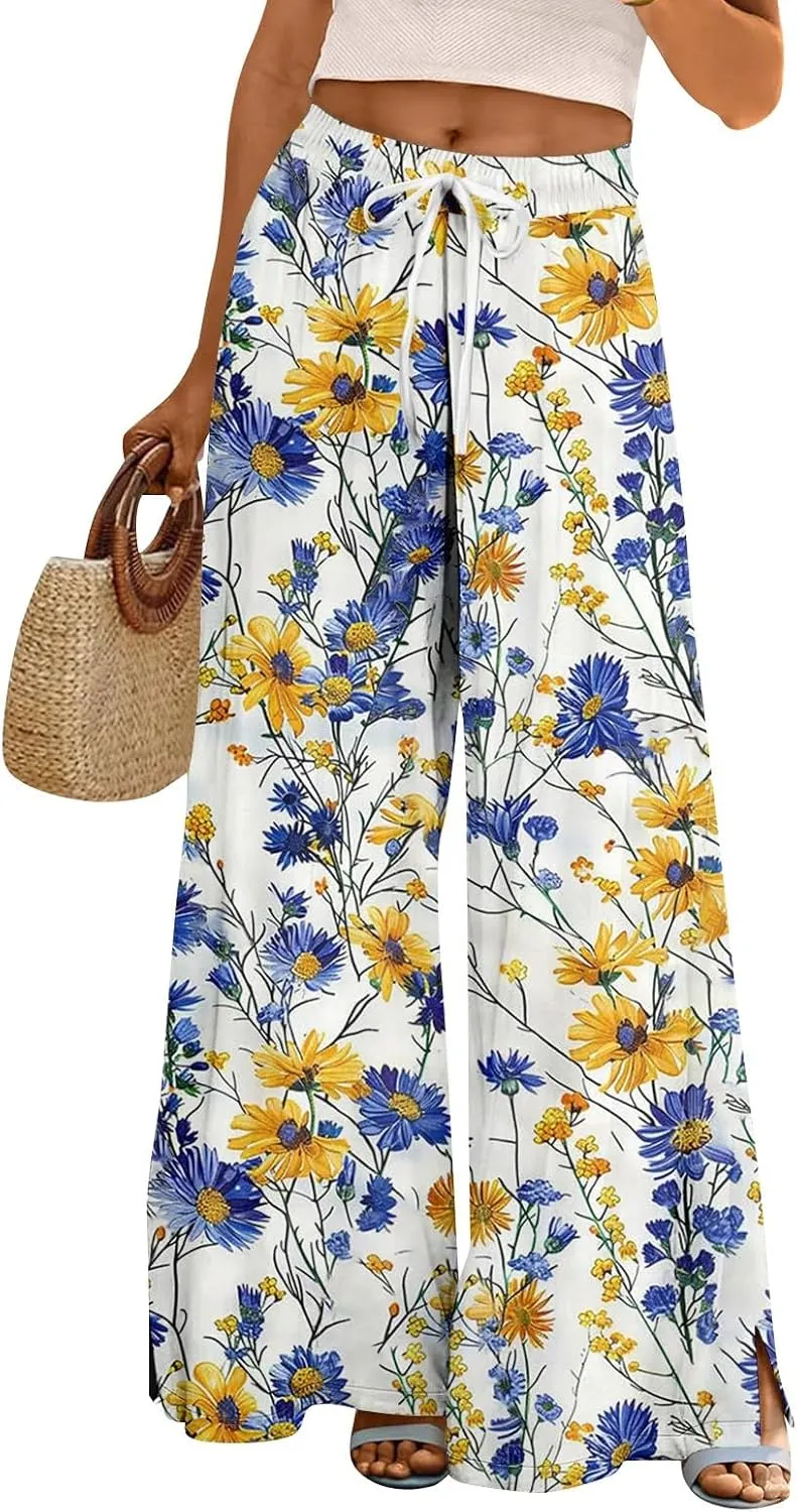 Wide Leg Pants Women 2025 Summer Floral Print Boho Palazzo Pants High Waist Lounge Trousers with Pockets