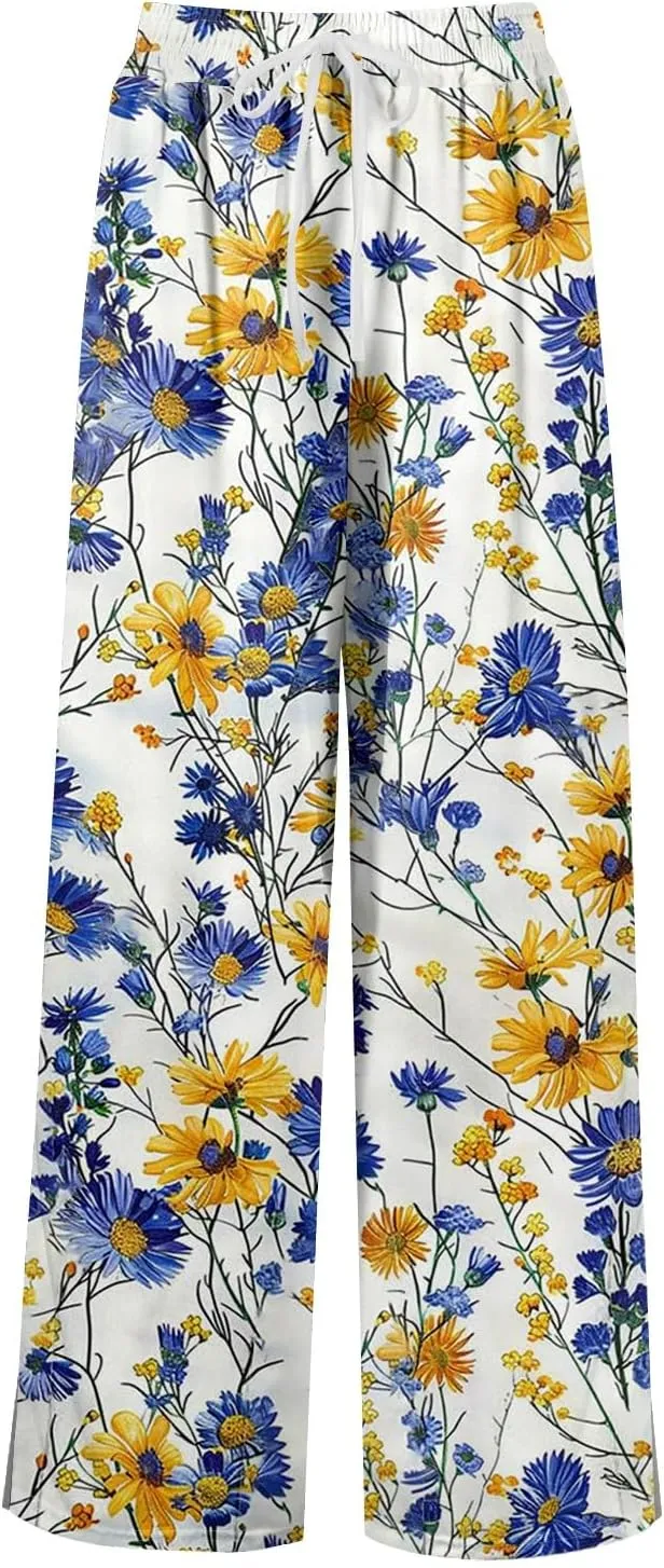 Wide Leg Pants Women 2025 Summer Floral Print Boho Palazzo Pants High Waist Lounge Trousers with Pockets