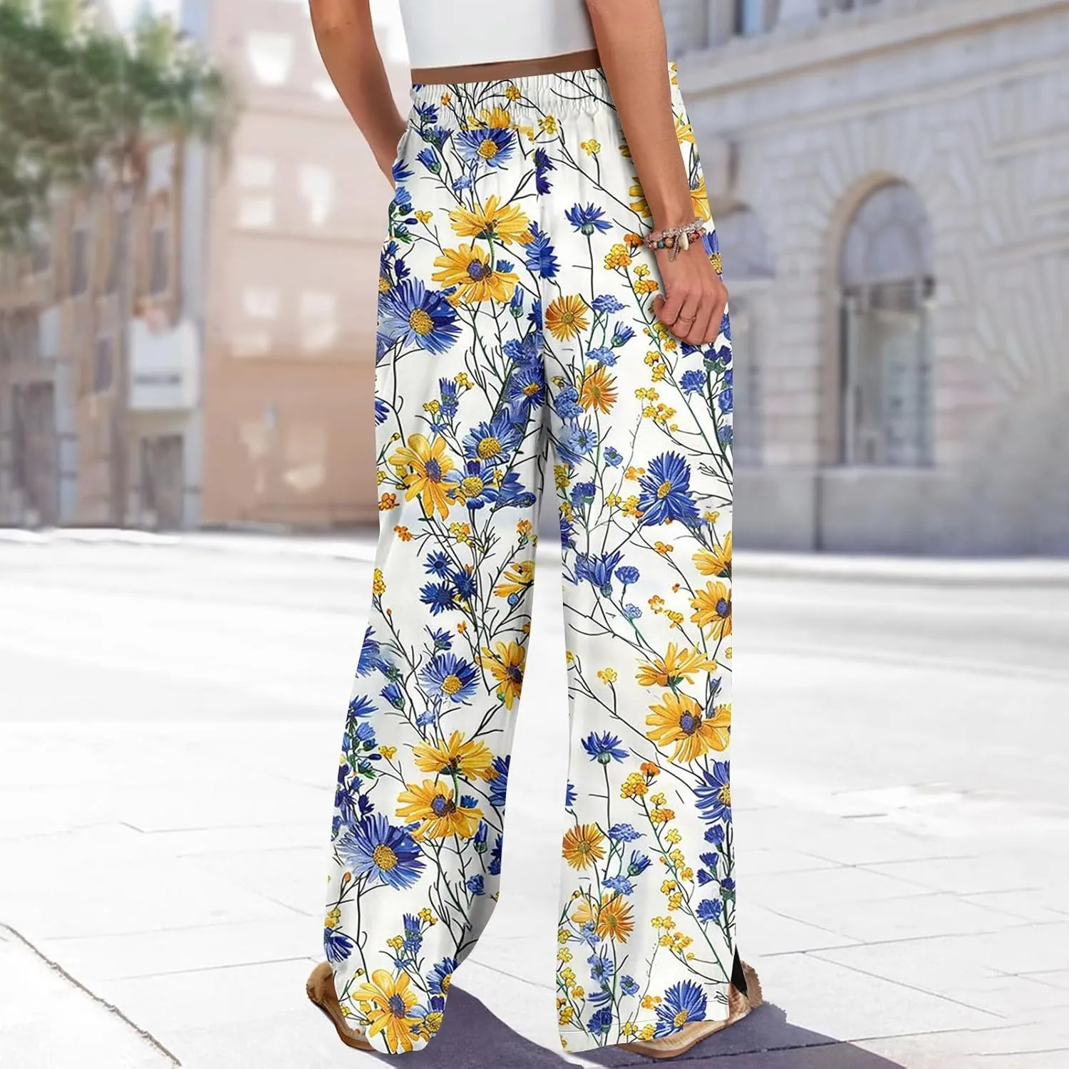 Wide Leg Pants Women 2025 Summer Floral Print Boho Palazzo Pants High Waist Lounge Trousers with Pockets