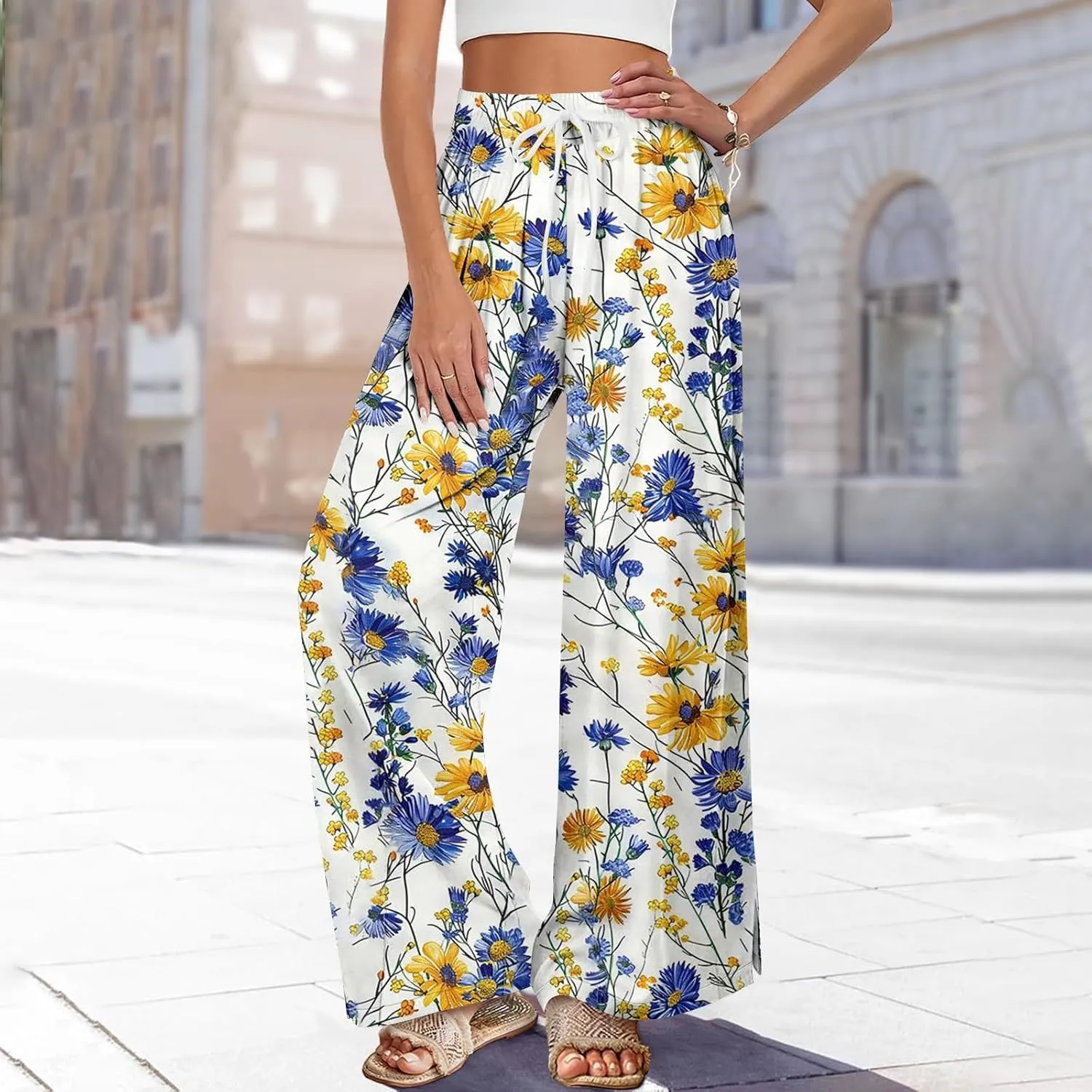 Wide Leg Pants Women 2025 Summer Floral Print Boho Palazzo Pants High Waist Lounge Trousers with Pockets