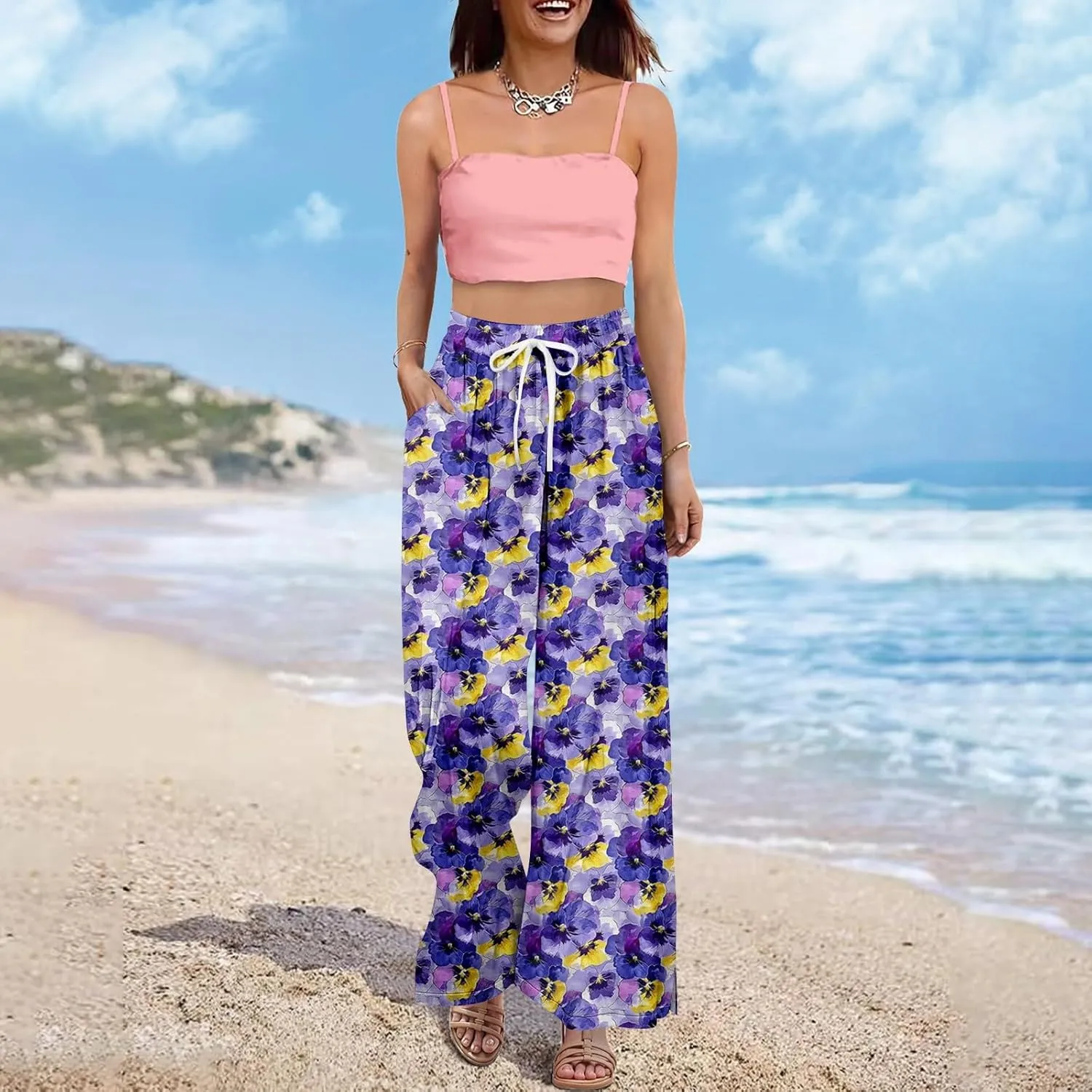 Wide Leg Pants Women 2025 Summer Floral Print Boho Palazzo Pants High Waist Lounge Trousers with Pockets