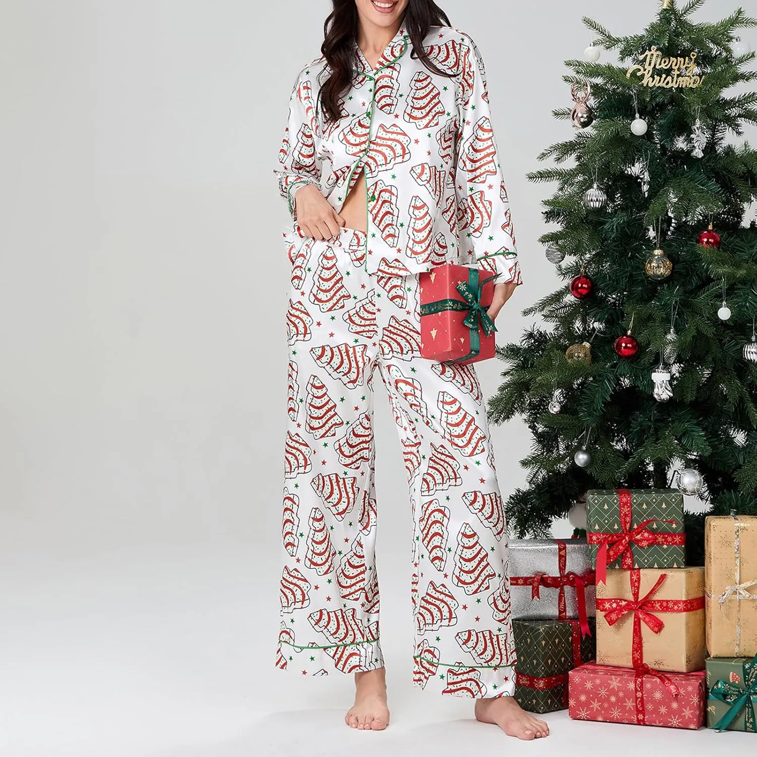 Women 2 Piece Christmas Striped Pajamas Lounge Set Y2k Long Sleeve Button Down Shirts Wide Leg Pants Sets Sleepwear