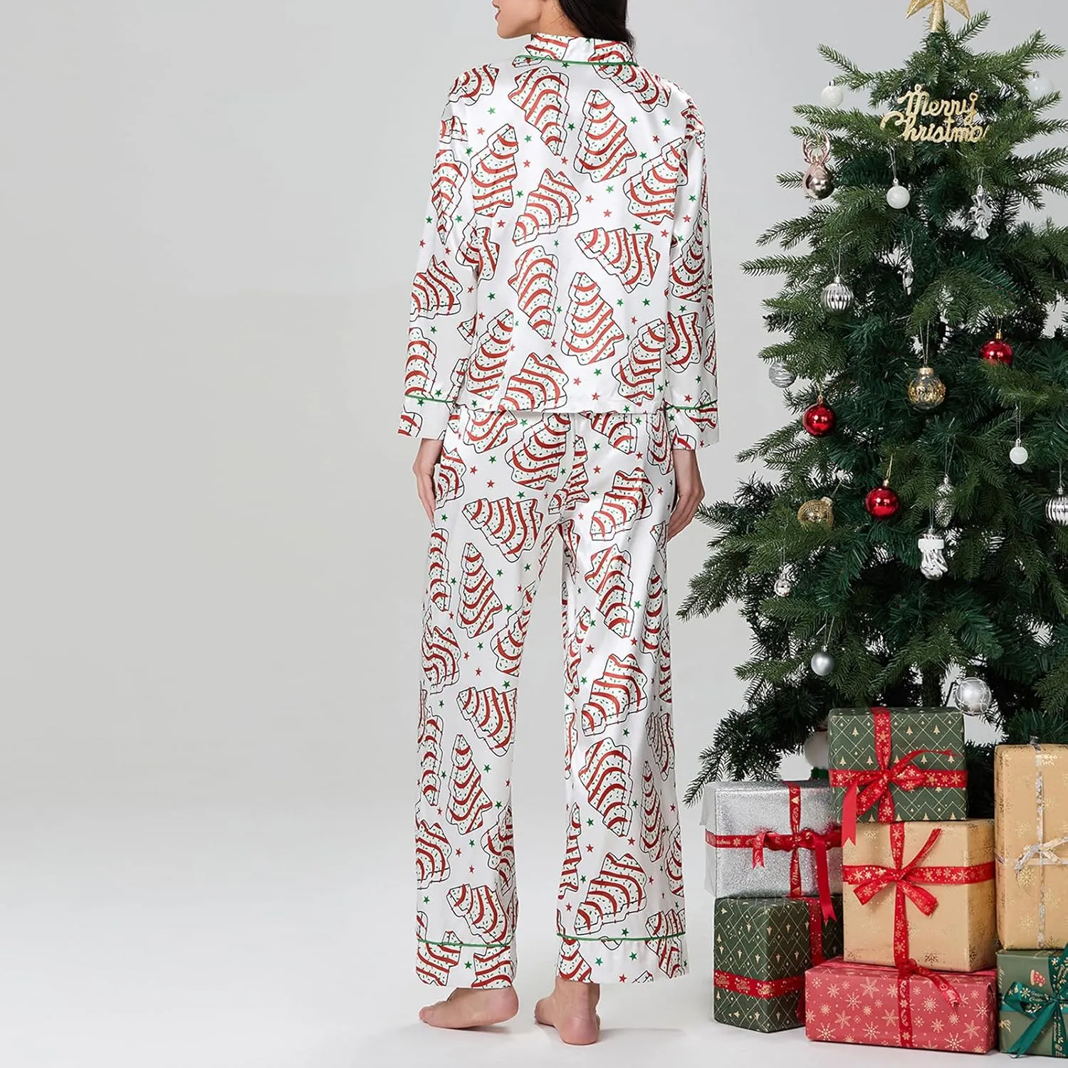 Women 2 Piece Christmas Striped Pajamas Lounge Set Y2k Long Sleeve Button Down Shirts Wide Leg Pants Sets Sleepwear