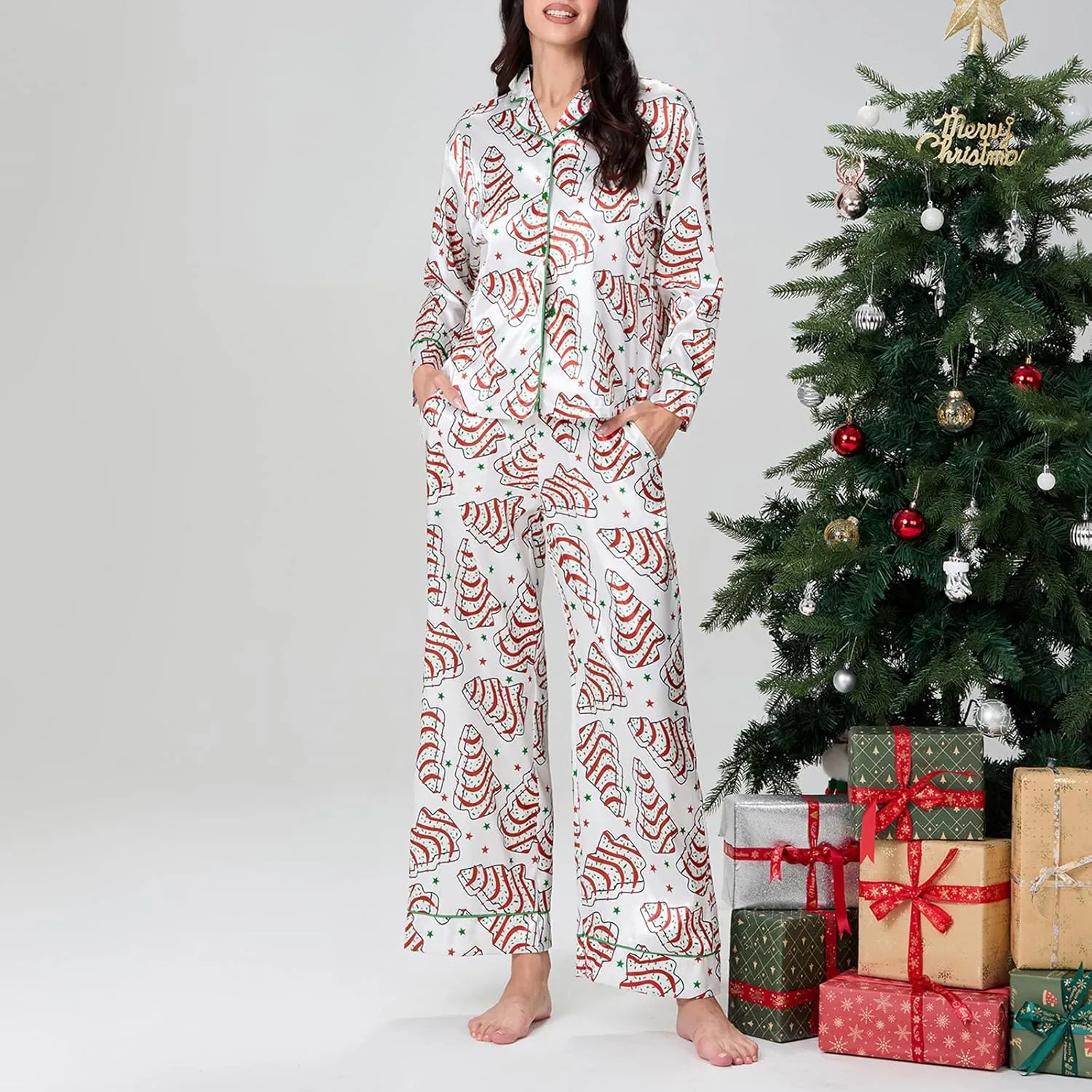 Women 2 Piece Christmas Striped Pajamas Lounge Set Y2k Long Sleeve Button Down Shirts Wide Leg Pants Sets Sleepwear