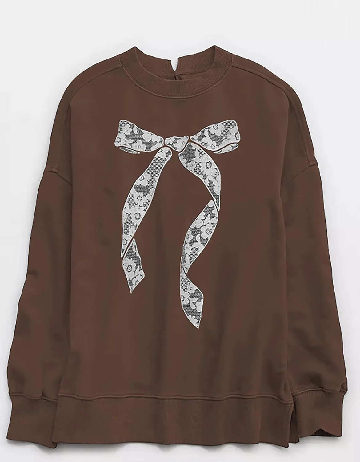 Women Bow Graphic Oversized Sweatshirts Crewneck Drop Shoulder Pullover Sweatshirts Keyhole Back Cute Going Out Tops