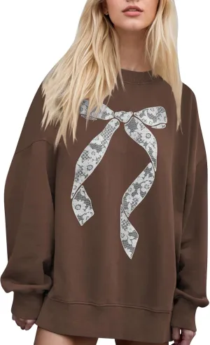 Women Bow Graphic Oversized Sweatshirts Crewneck Drop Shoulder Pullover Sweatshirts Keyhole Back Cute Going Out Tops
