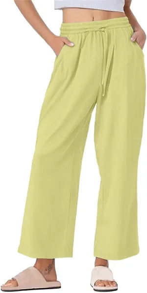 Women Casual Cotton Linen Pants Summer Drawstring Elastic Waist Solid Plus Size Lounge Long Jogger Trouser with Pocket