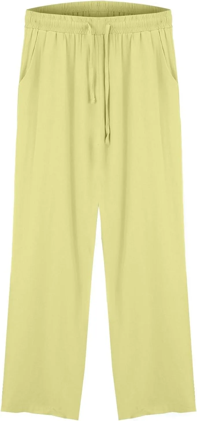 Women Casual Cotton Linen Pants Summer Drawstring Elastic Waist Solid Plus Size Lounge Long Jogger Trouser with Pocket