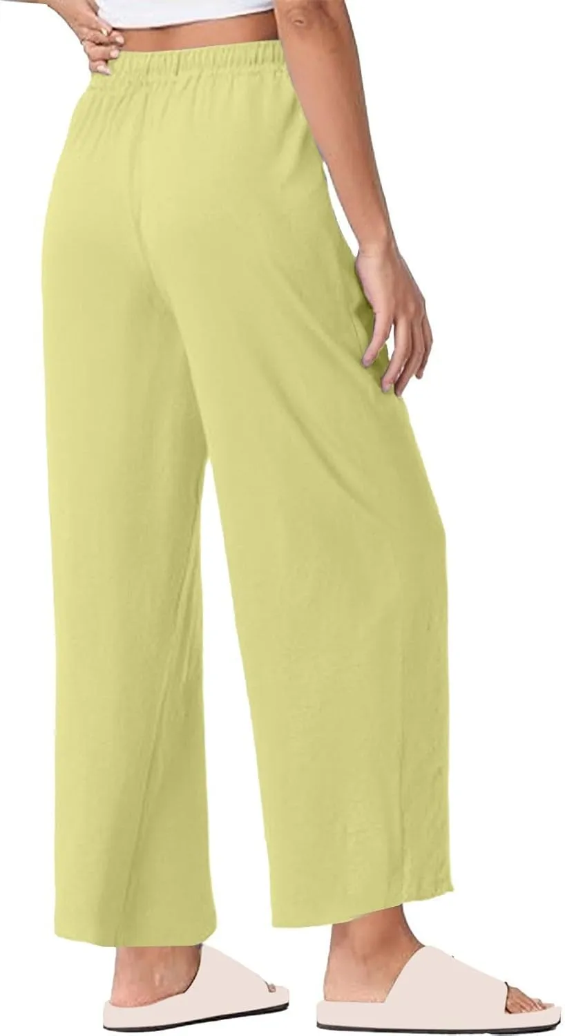 Women Casual Cotton Linen Pants Summer Drawstring Elastic Waist Solid Plus Size Lounge Long Jogger Trouser with Pocket
