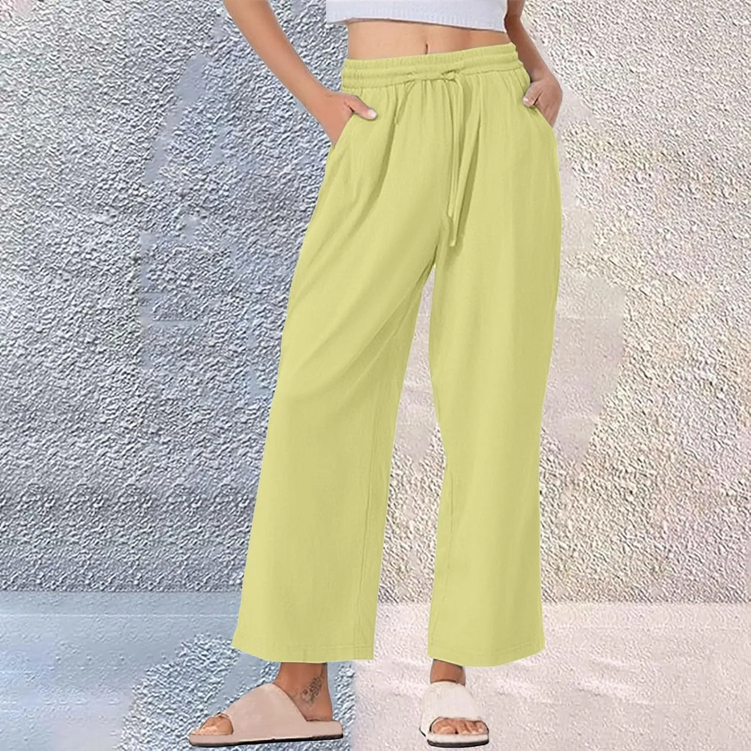 Women Casual Cotton Linen Pants Summer Drawstring Elastic Waist Solid Plus Size Lounge Long Jogger Trouser with Pocket