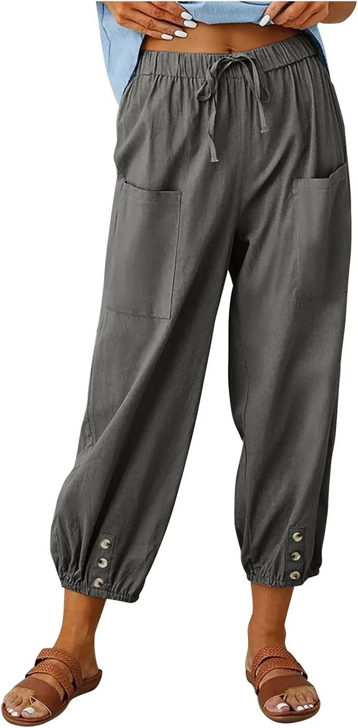 Women Casual Lantern Tapered Harem Pants Solid Loose Fit Style Cotton Linen Capris Pants Elastic Waist Cotton Trouser