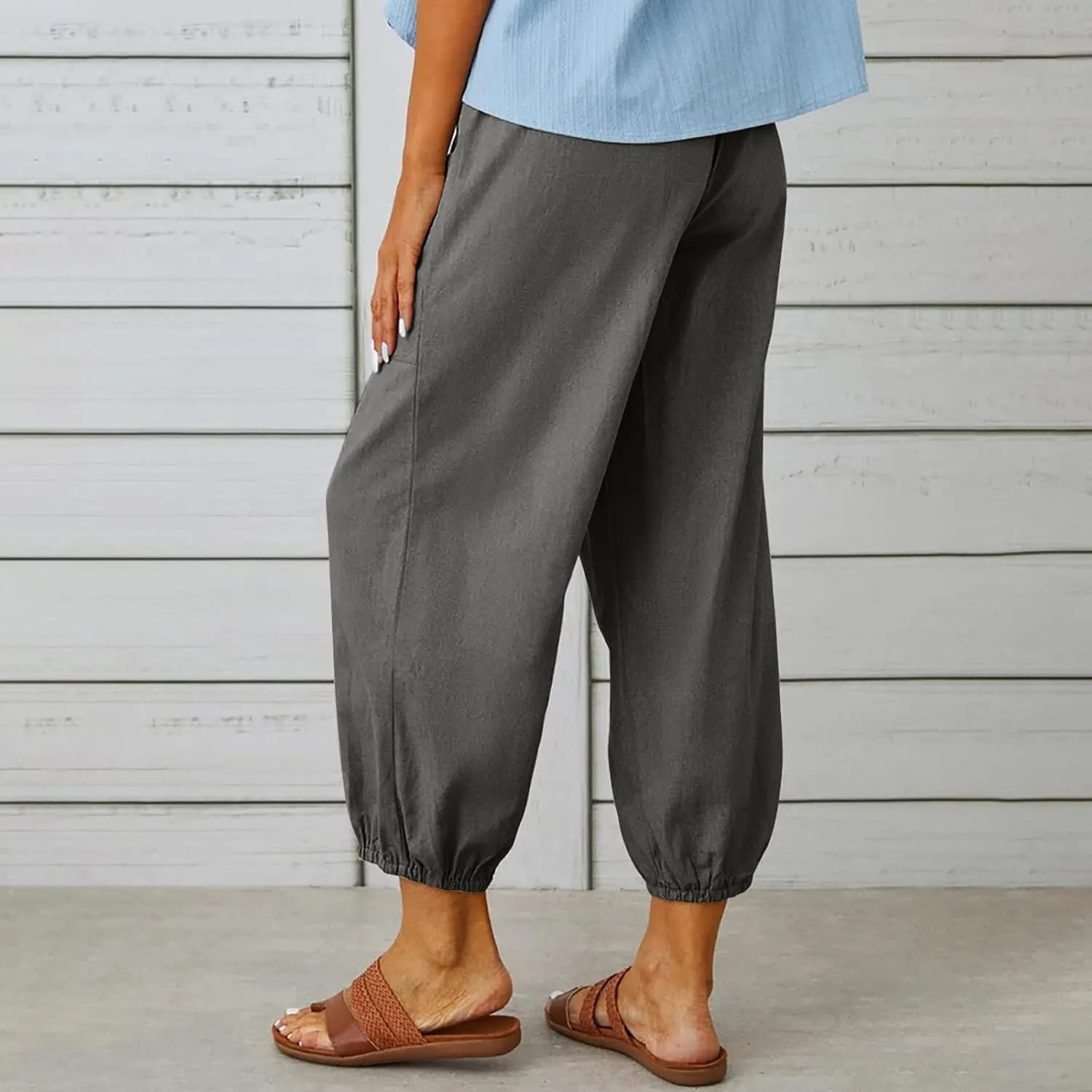 Women Casual Lantern Tapered Harem Pants Solid Loose Fit Style Cotton Linen Capris Pants Elastic Waist Cotton Trouser