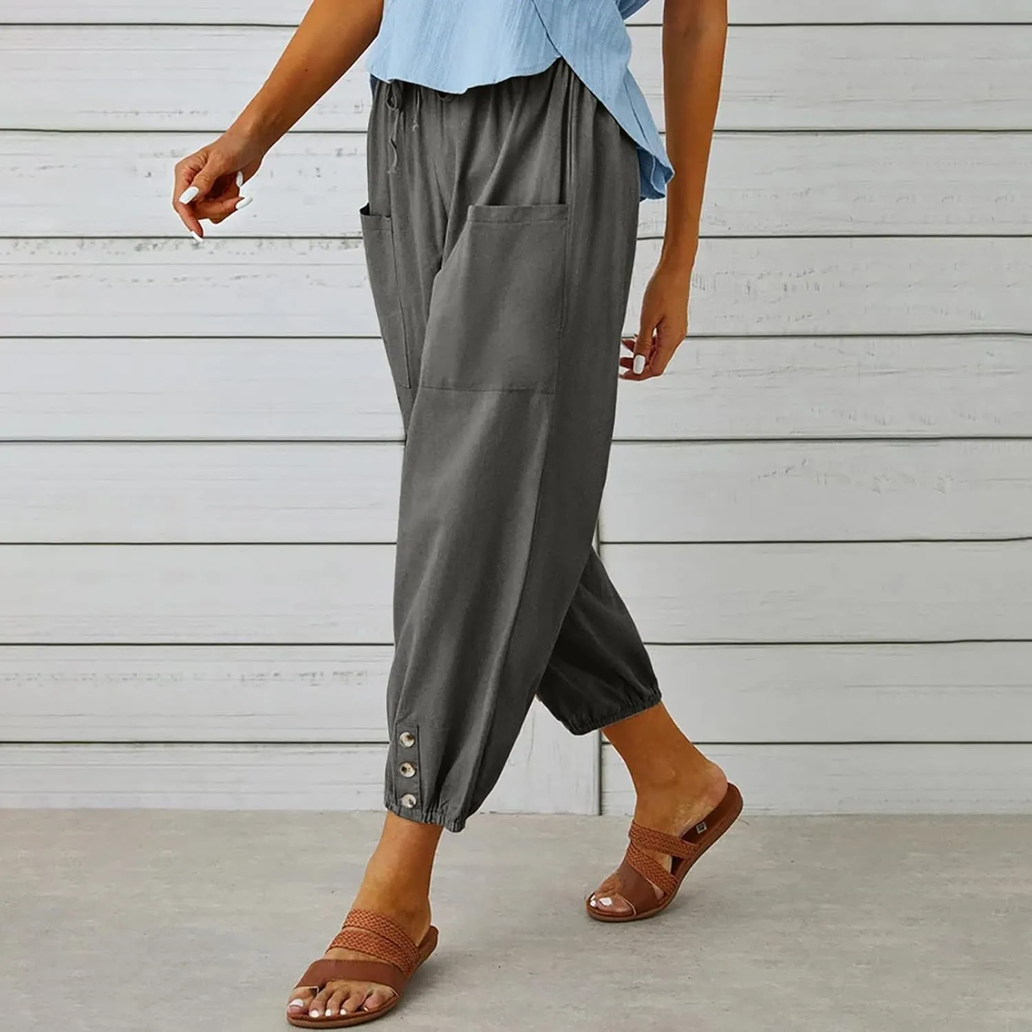 Women Casual Lantern Tapered Harem Pants Solid Loose Fit Style Cotton Linen Capris Pants Elastic Waist Cotton Trouser