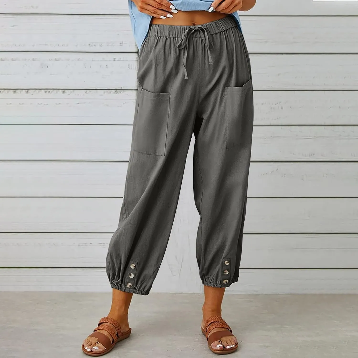 Women Casual Lantern Tapered Harem Pants Solid Loose Fit Style Cotton Linen Capris Pants Elastic Waist Cotton Trouser