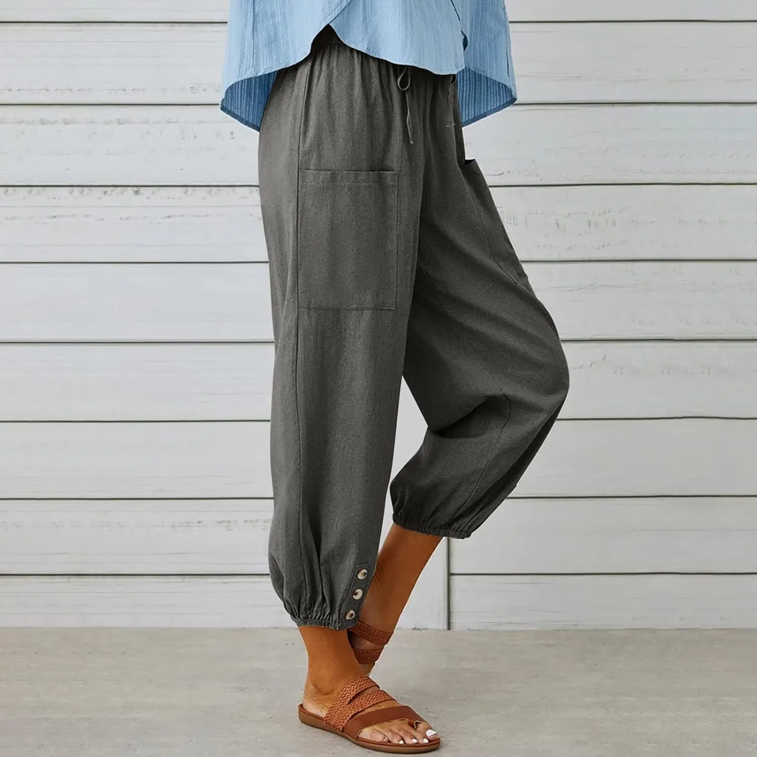 Women Casual Lantern Tapered Harem Pants Solid Loose Fit Style Cotton Linen Capris Pants Elastic Waist Cotton Trouser