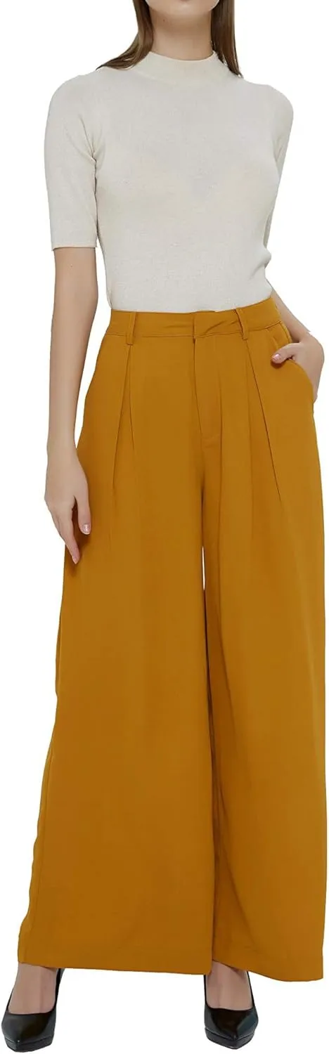 Women High Waist Casual Wide Leg Pants Elegant Work Pants Palazzo Pants Trousers with Pockets Lounge Pants Flowy
