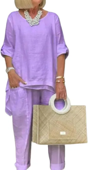 Women Linen 2 Piece Pants Suit for Women Dressy Cotton Linen Sets Outfits Long Sleeve Shirts Wide Leg Trousers
