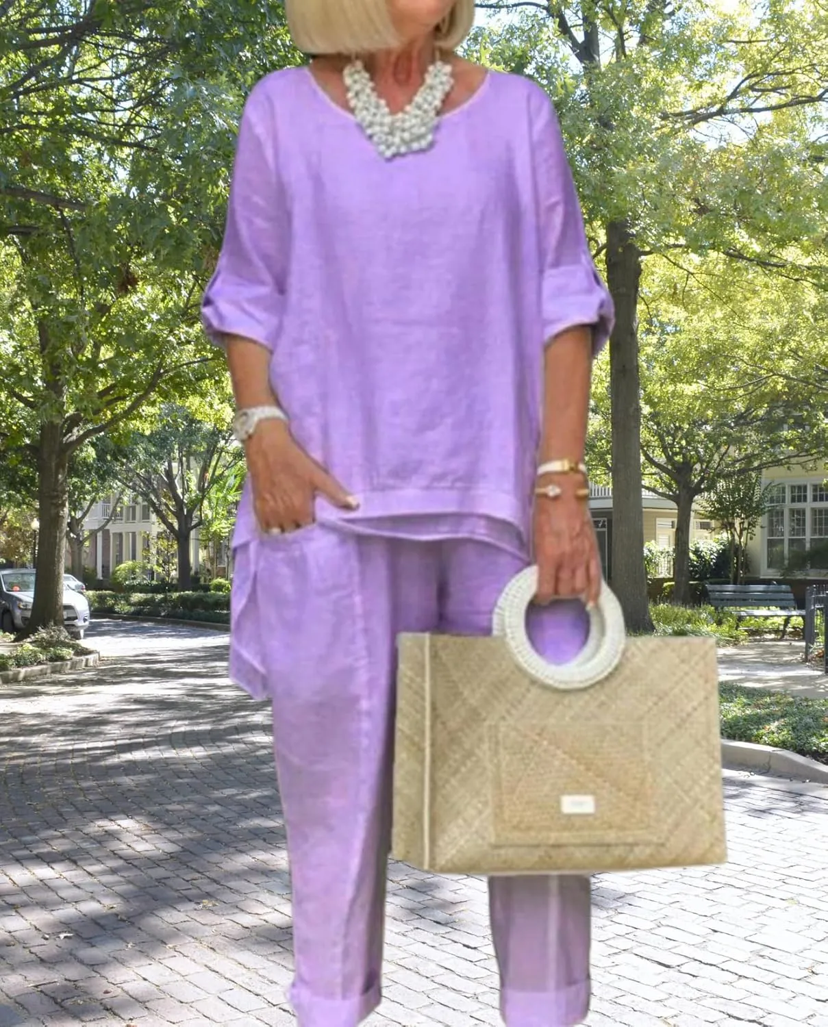 Women Linen 2 Piece Pants Suit for Women Dressy Cotton Linen Sets Outfits Long Sleeve Shirts Wide Leg Trousers