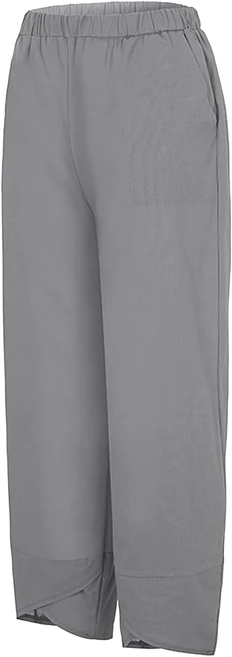 Women Linen Blend Summer Y2K Fashion Palazzo Pants High Waist Straight Slim-Fit Pant Trousers Work Business