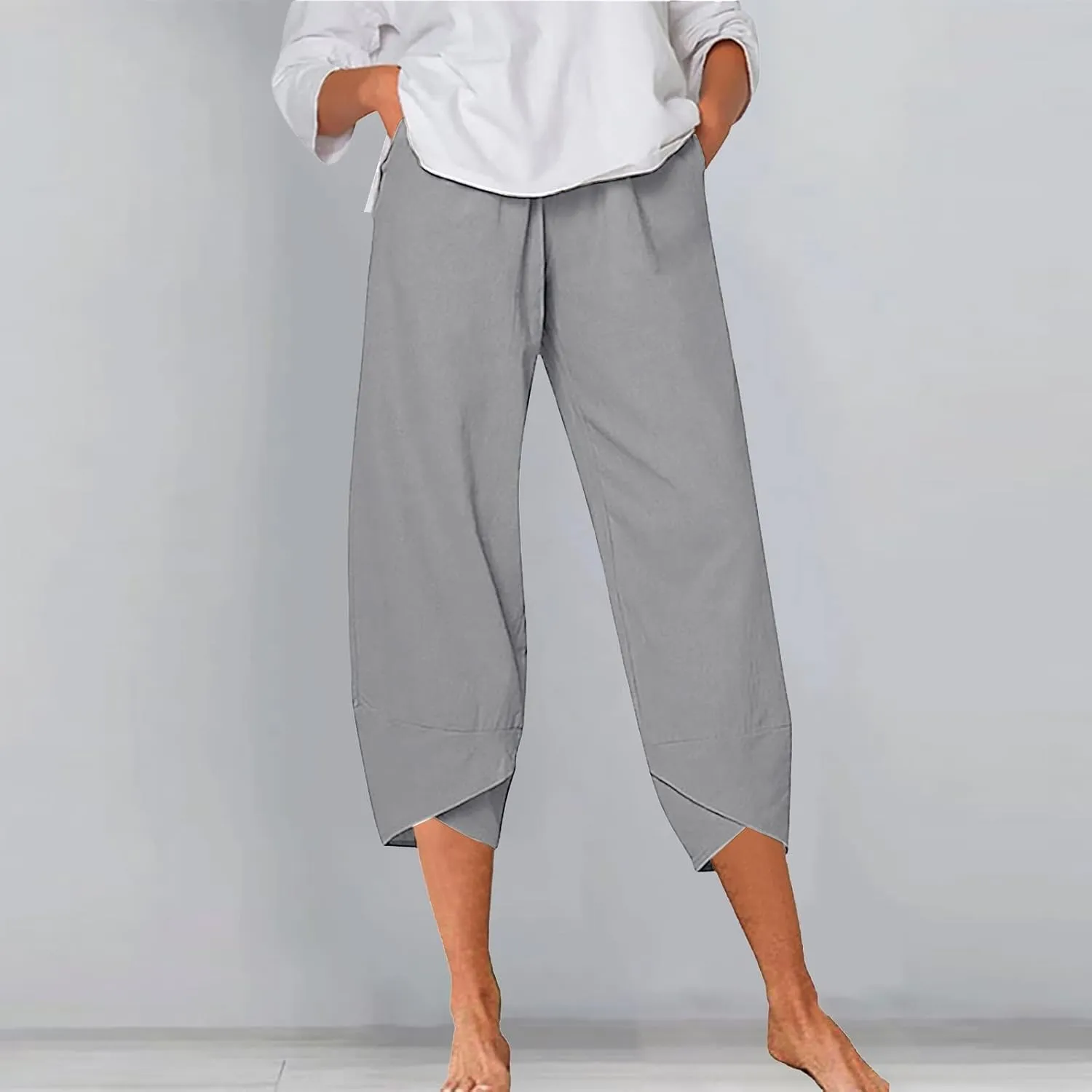 Women Linen Blend Summer Y2K Fashion Palazzo Pants High Waist Straight Slim-Fit Pant Trousers Work Business