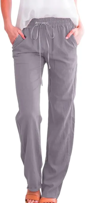 Women Linen Blend Summer Y2K Fashion Pant Trousers Low Waist Stretchy Straight Slim Fit Pants Vacation