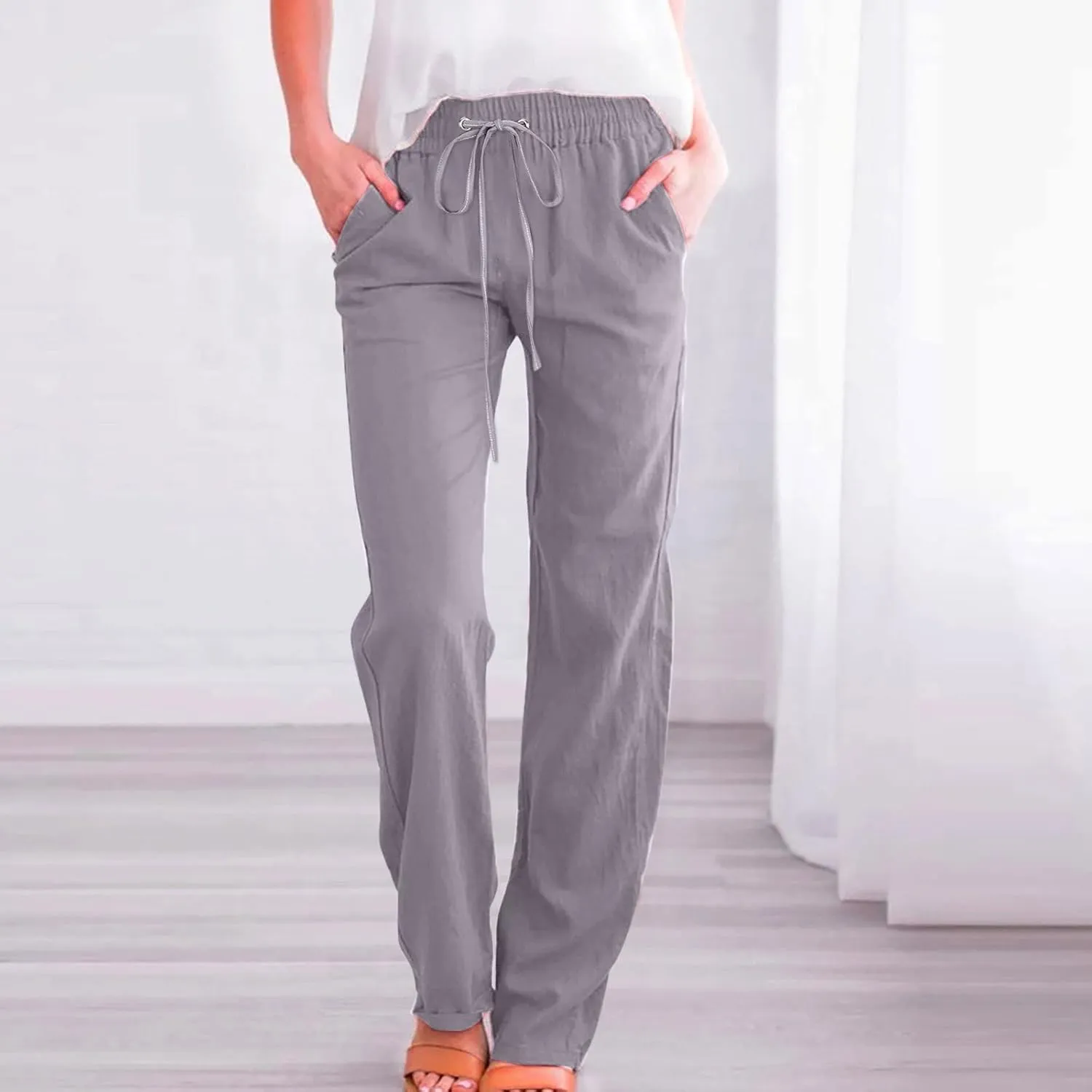 Women Linen Blend Summer Y2K Fashion Pant Trousers Low Waist Stretchy Straight Slim Fit Pants Vacation