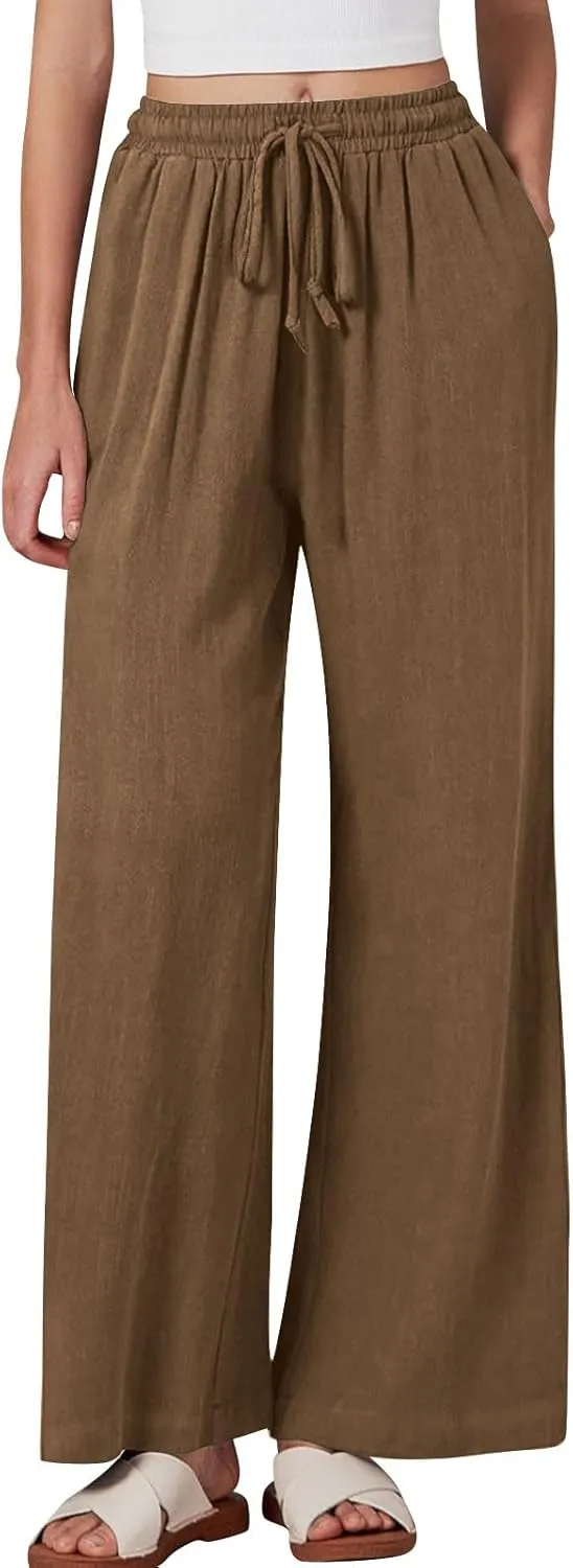 Women Linen Palazzo Pants Summer Boho Beach Pants Casual Wide Leg High Waist Lounge Pant Vacation Trousers with Pocket