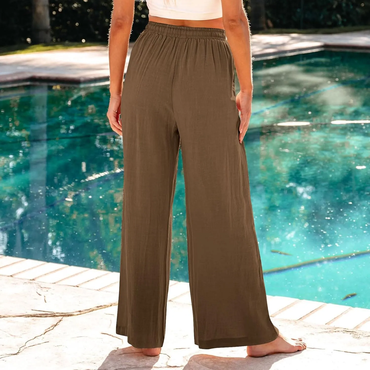Women Linen Palazzo Pants Summer Boho Beach Pants Casual Wide Leg High Waist Lounge Pant Vacation Trousers with Pocket