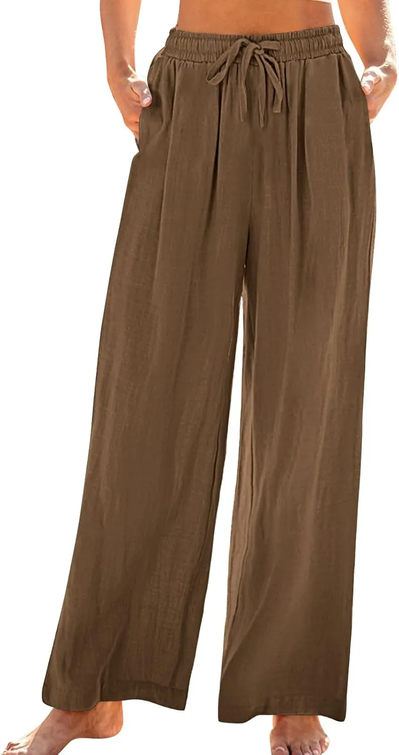 Women Linen Palazzo Pants Summer Boho Beach Pants Casual Wide Leg High Waist Lounge Pant Vacation Trousers with Pocket