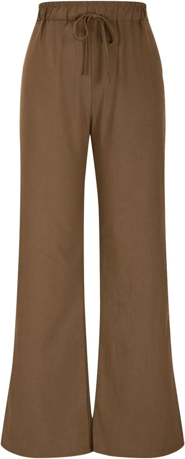 Women Linen Palazzo Pants Summer Boho Beach Pants Casual Wide Leg High Waist Lounge Pant Vacation Trousers with Pocket