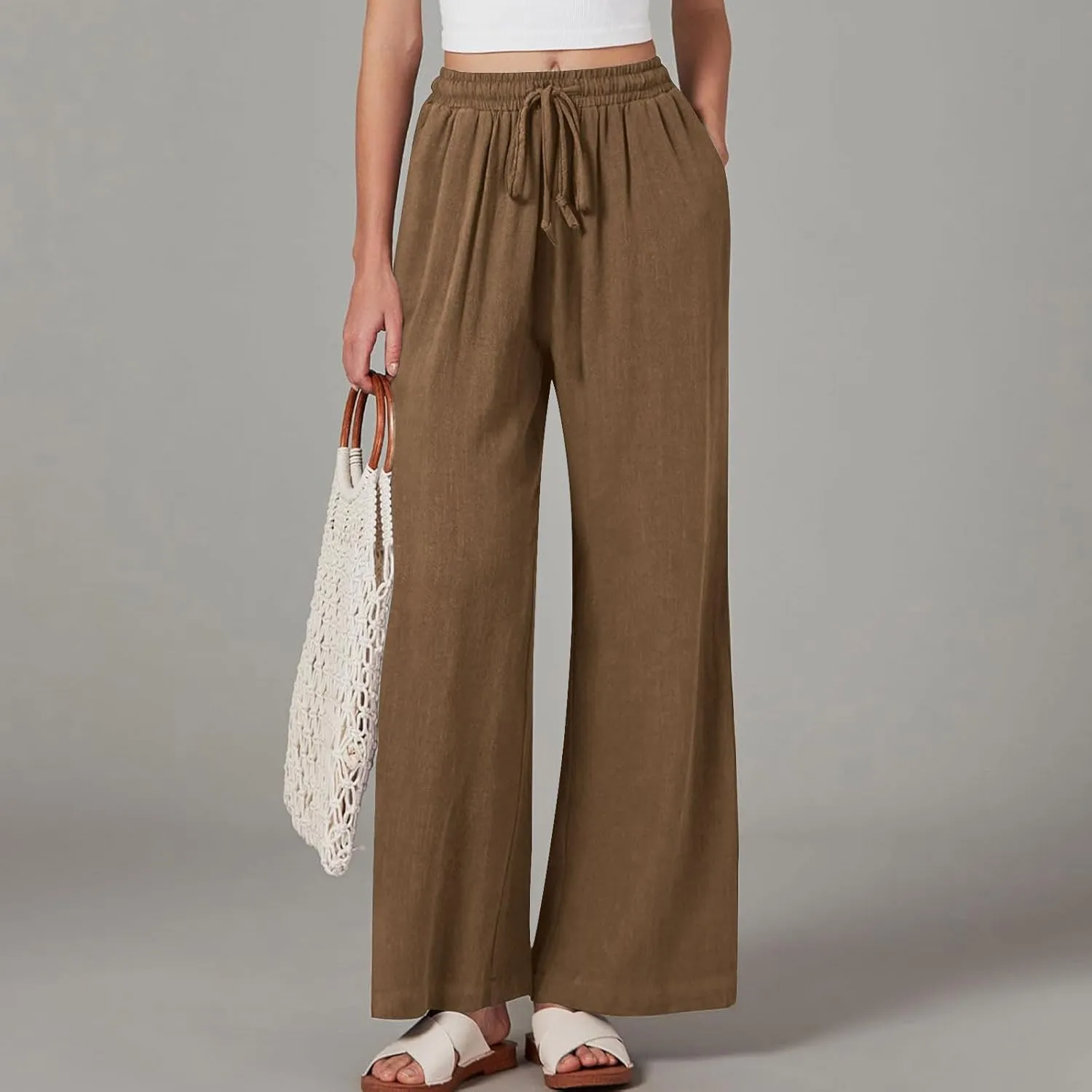 Women Linen Palazzo Pants Summer Boho Beach Pants Casual Wide Leg High Waist Lounge Pant Vacation Trousers with Pocket