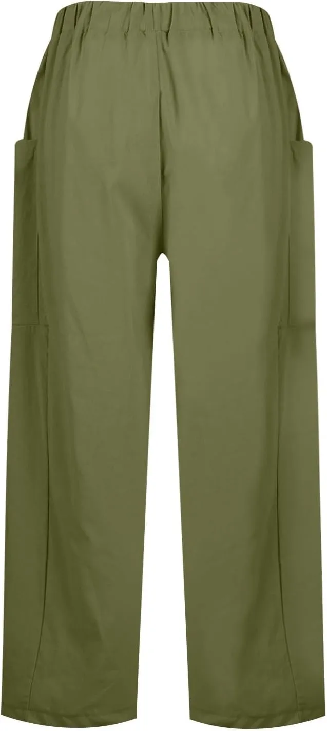 Women Linen Palazzo Pants Summer Boho Wide Leg High Waist Drawstring Casual High Waist Lounge Pant Trousers Pockets