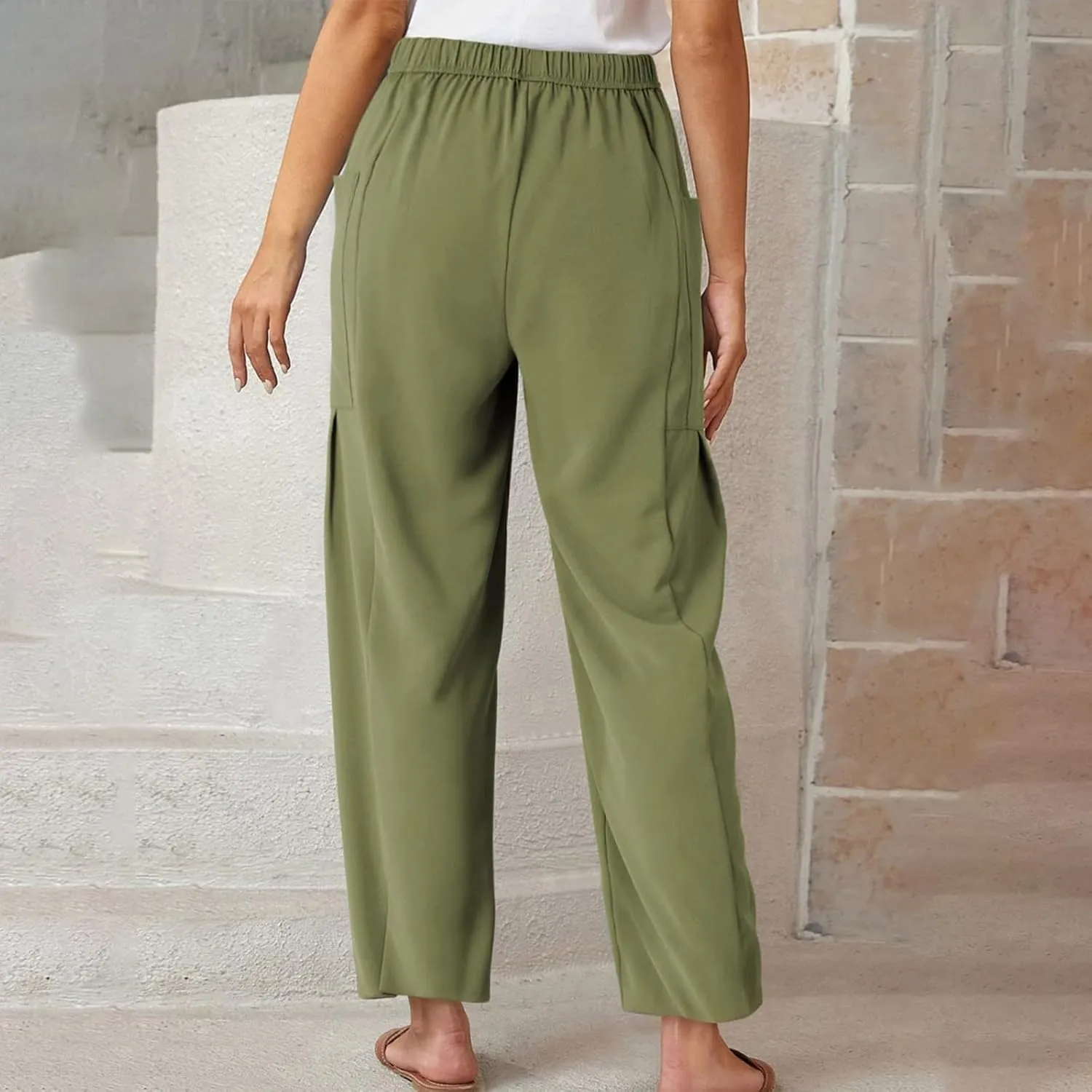 Women Linen Palazzo Pants Summer Boho Wide Leg High Waist Drawstring Casual High Waist Lounge Pant Trousers Pockets