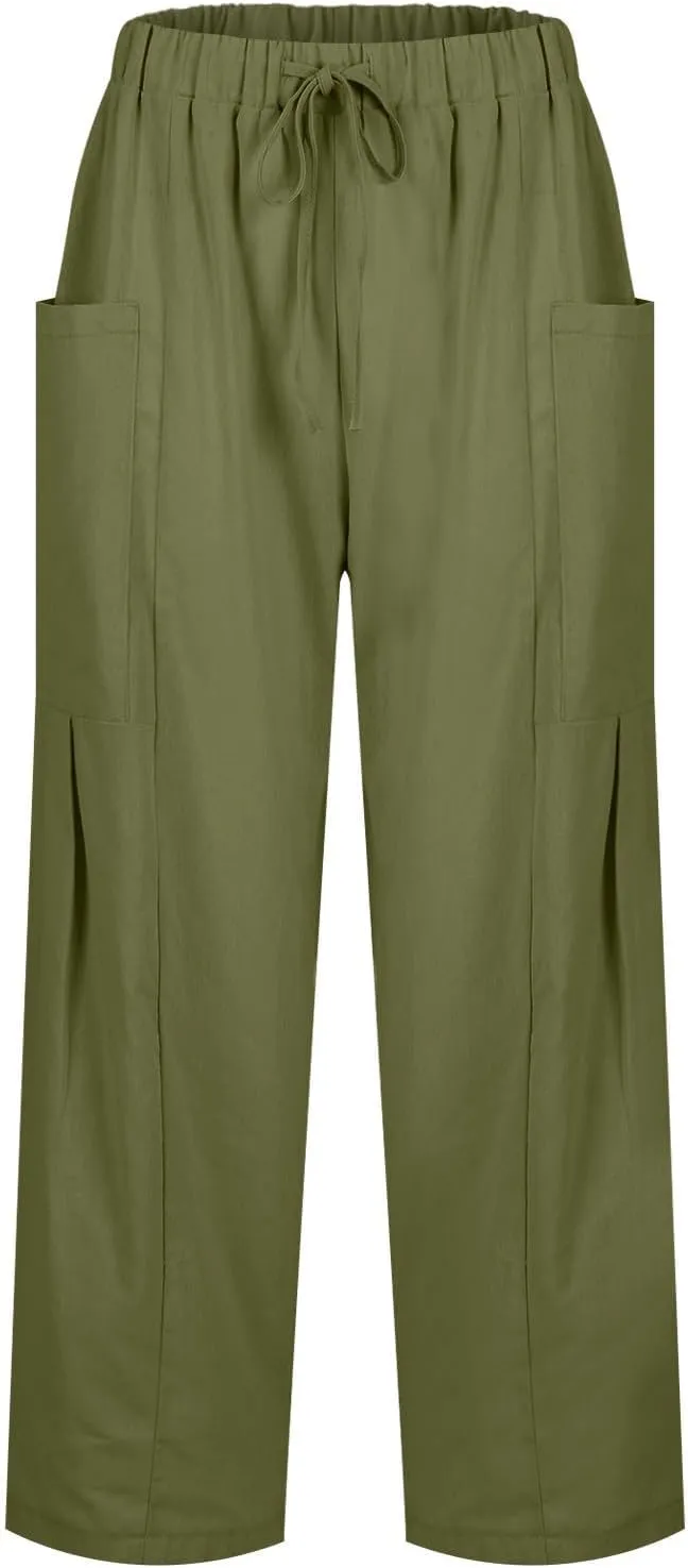 Women Linen Palazzo Pants Summer Boho Wide Leg High Waist Drawstring Casual High Waist Lounge Pant Trousers Pockets