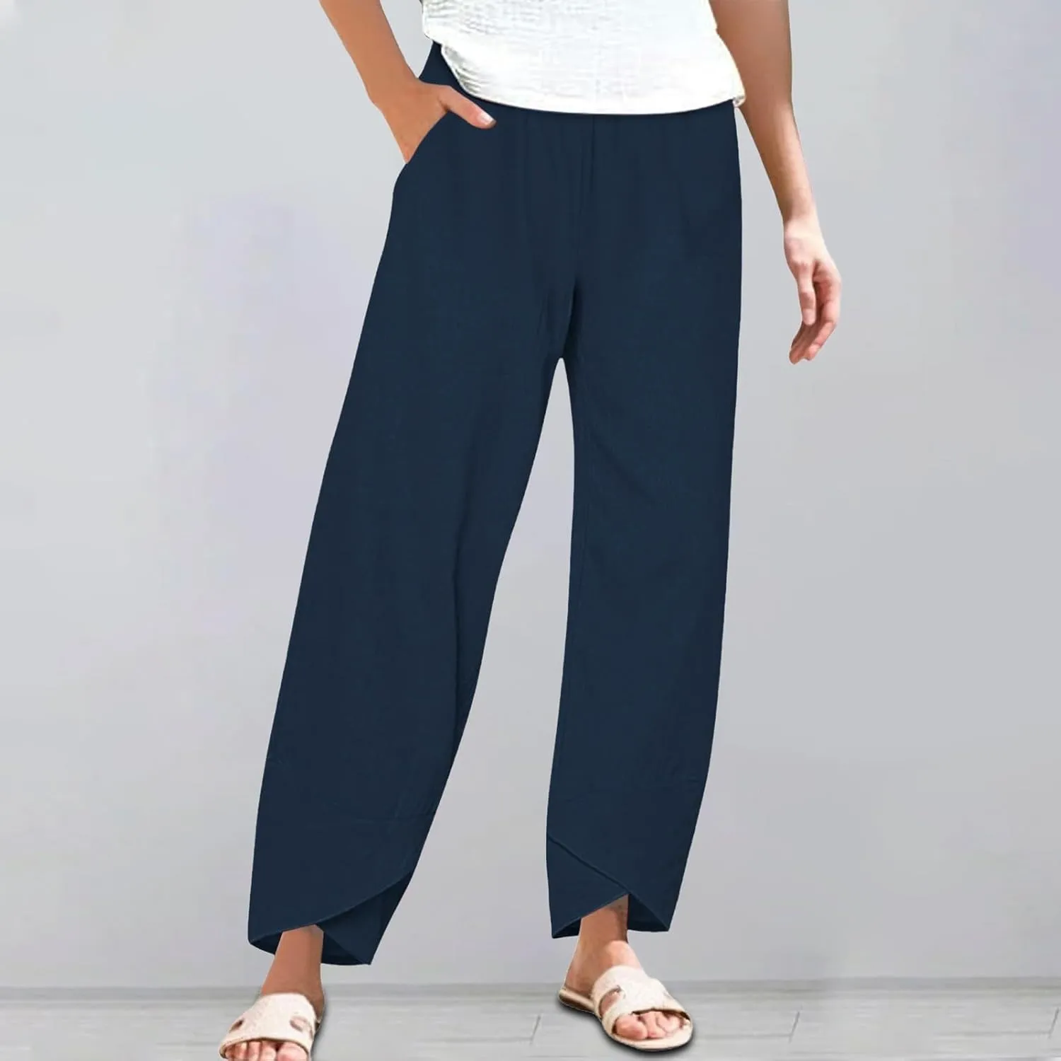 Women Linen Pants 2025 Summer Casual Capri Pants Plus Size Lightweight High Waist Baggy Palazzo Trousers with Pockets