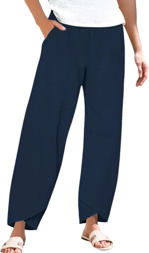 Women Linen Pants 2025 Summer Casual Capri Pants Plus Size Lightweight High Waist Baggy Palazzo Trousers with Pockets