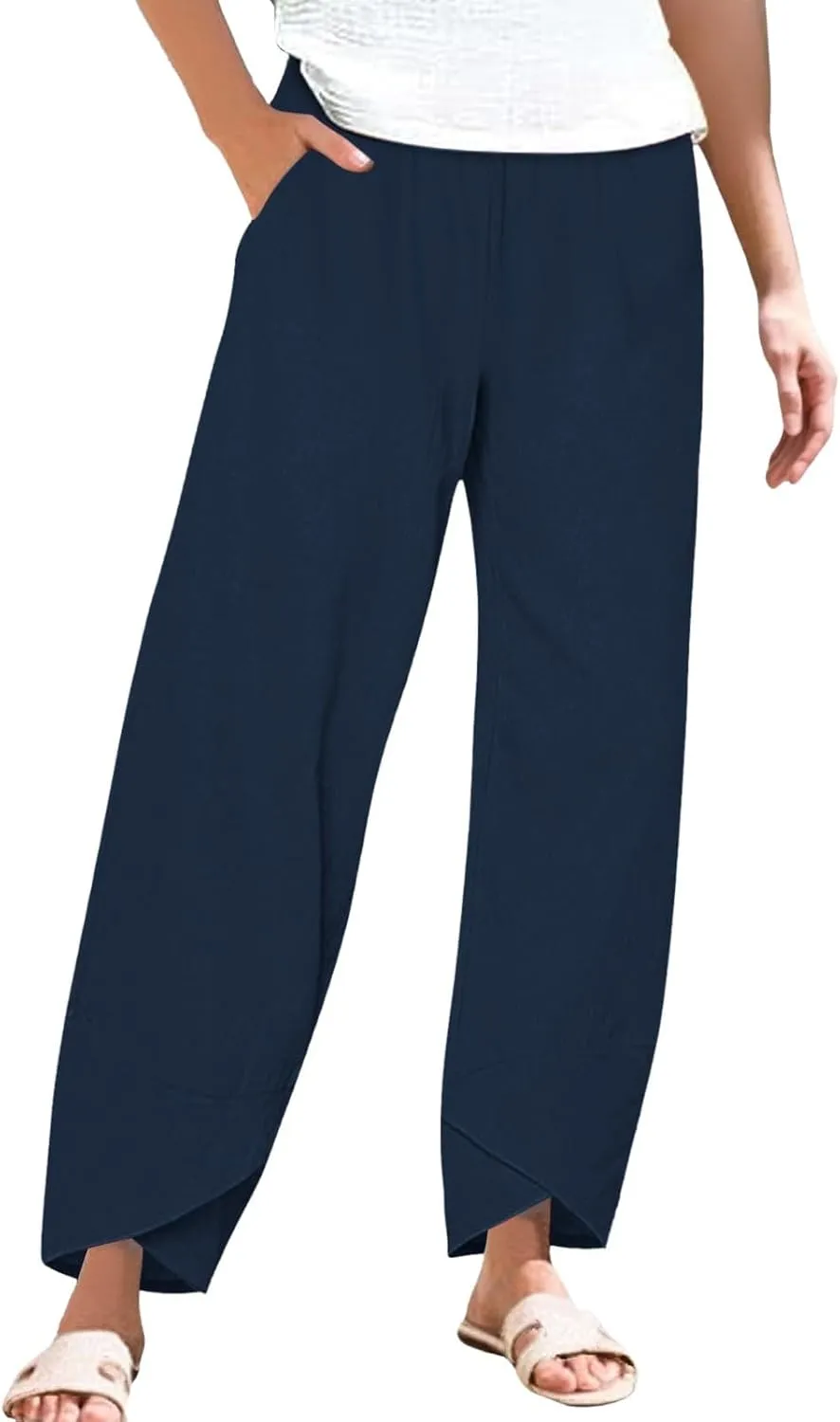 Women Linen Pants 2025 Summer Casual Capri Pants Plus Size Lightweight High Waist Baggy Palazzo Trousers with Pockets