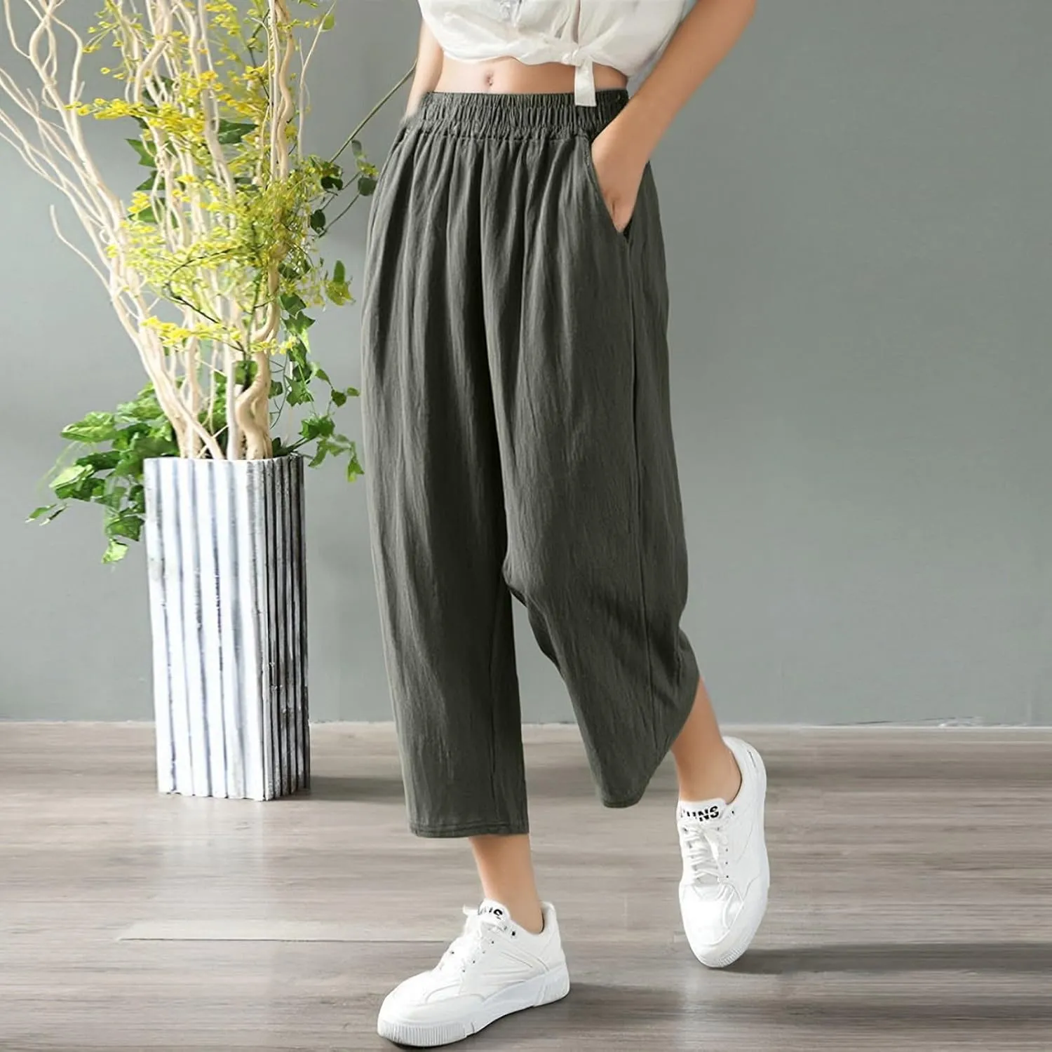Women Linen Pants Cropped Pants Wide Leg High Waisted Palazzo Pants Summer Flowy Beach Lounge Casual Trousers with Pockets