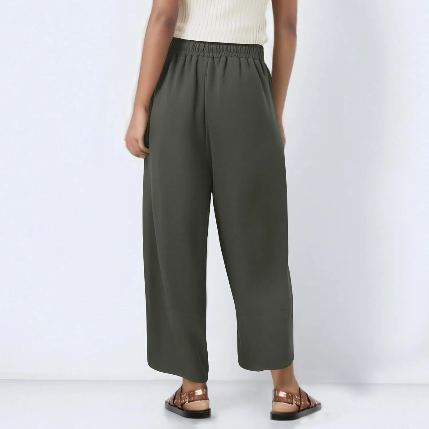 Women Linen Pants Cropped Pants Wide Leg High Waisted Palazzo Pants Summer Flowy Beach Lounge Casual Trousers with Pockets