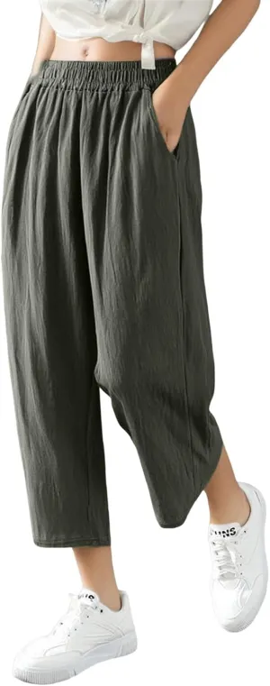 Women Linen Pants Cropped Pants Wide Leg High Waisted Palazzo Pants Summer Flowy Beach Lounge Casual Trousers with Pockets
