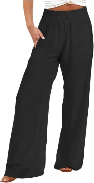 Women Palazzo Pants Linen Baggy Trousers Vacation Outfits High Waist Flowy Loose Wide Leg Pant with Pocket