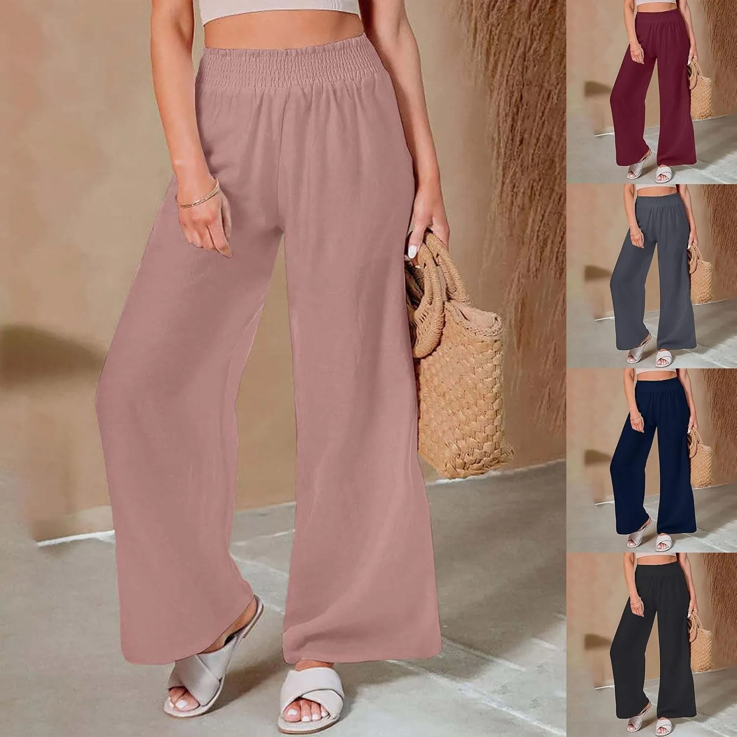 Women Palazzo Pants Linen Baggy Trousers Vacation Outfits High Waist Flowy Loose Wide Leg Pant with Pocket