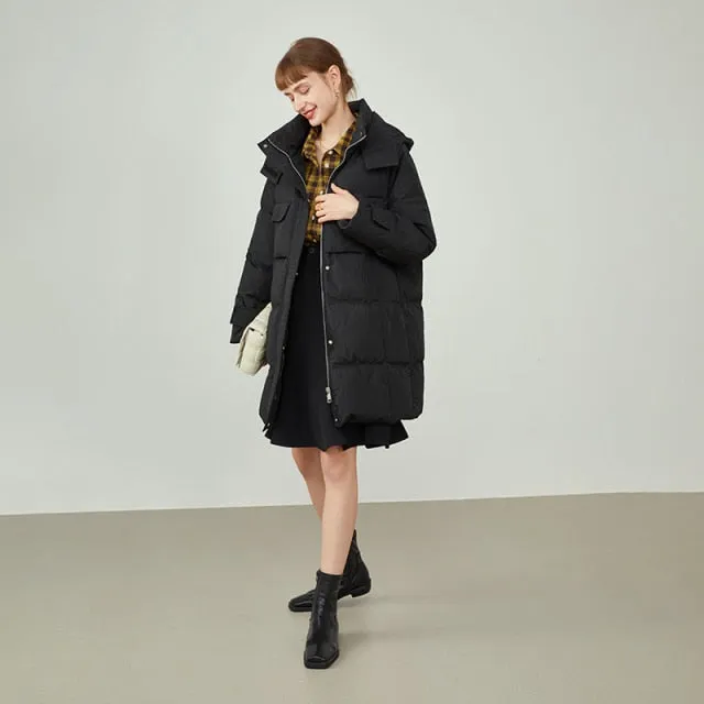 Women Puffer Jacket Large Lapel Design Hooded Down Jacket  Winter Jacket Women's Mid-length Black Down Coats