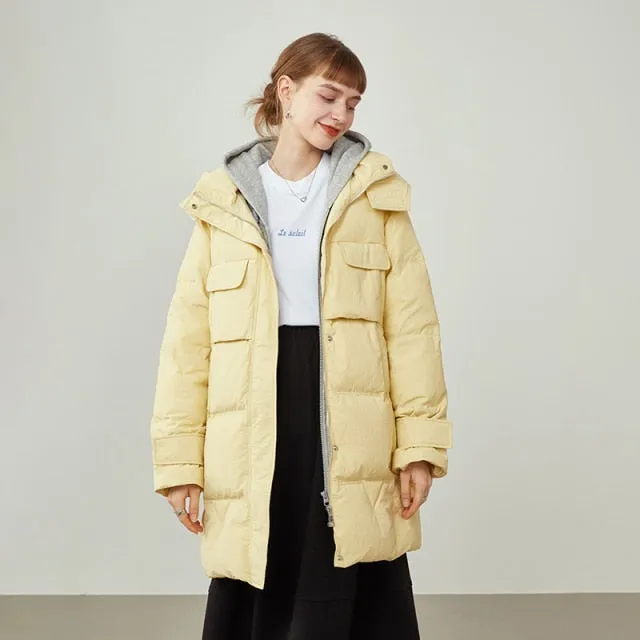 Women Puffer Jacket Large Lapel Design Hooded Down Jacket  Winter Jacket Women's Mid-length Black Down Coats