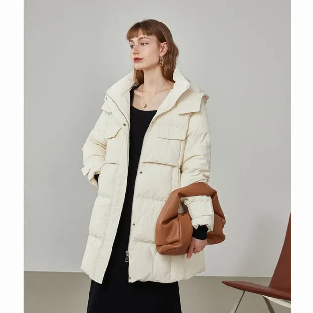 Women Puffer Jacket Large Lapel Design Hooded Down Jacket  Winter Jacket Women's Mid-length Black Down Coats