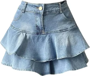 Women Ruffles Double Layer High Waisted Denim Skirt Blue Irregular Loose FIT A-Line Mini Jeans Skirt