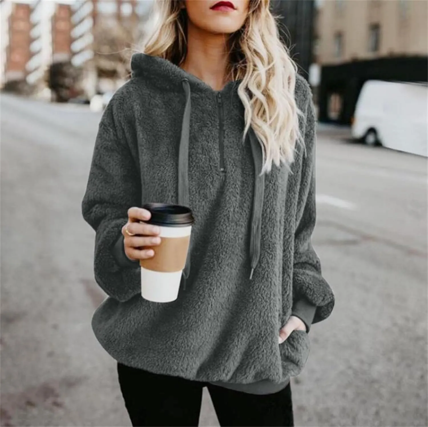 Women Sherpa Hoodie Fuzzy Fleece Quarter Zip Pullover Loose Comfy Plush Sweatshirt with Pockets Cute Winter Clothes