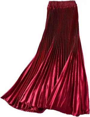 Women Solid Pleated Casual Midi Skirt Vintage High Waist Party A-Line Skirts